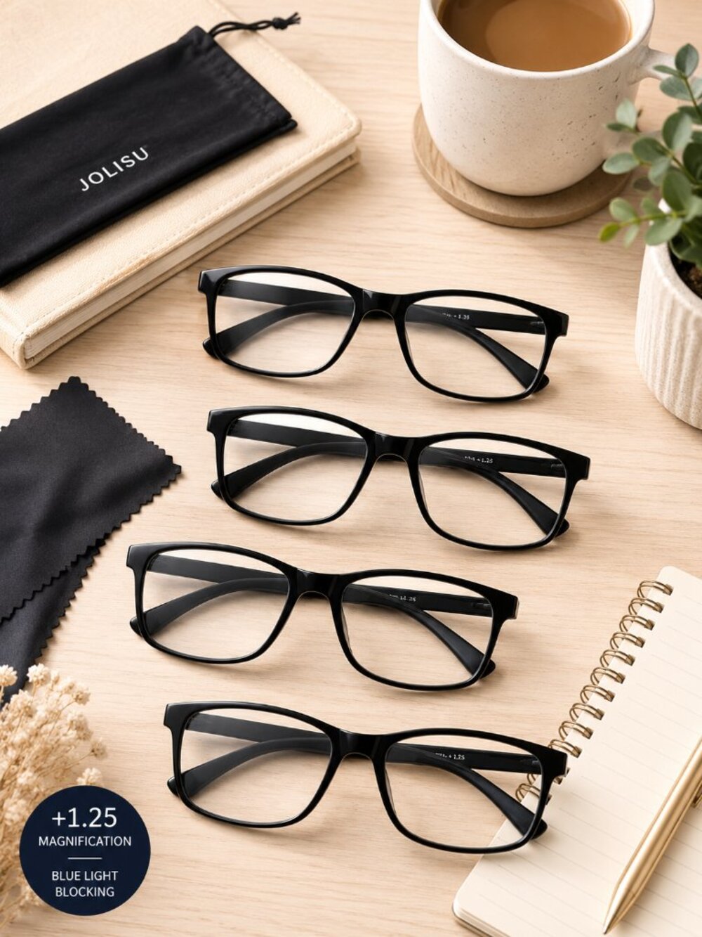 Jolisu Blue Light Reading Glasses +1.25 Black Readers 4 Pack Spring Hinge